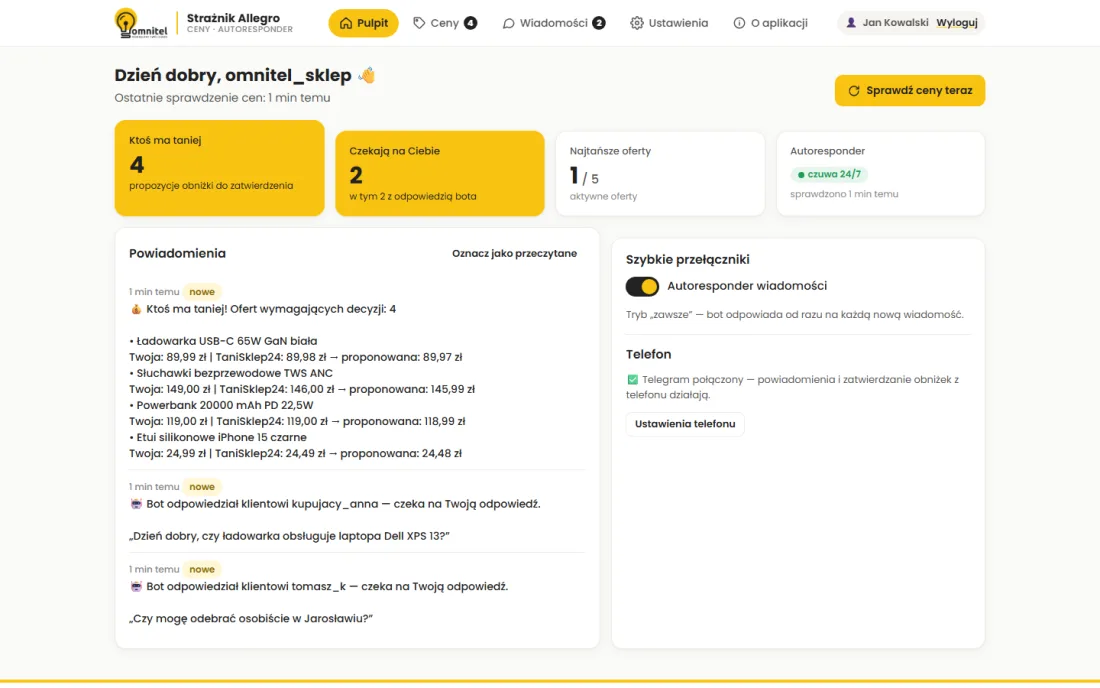Strażnik Allegro — panel na komputerze