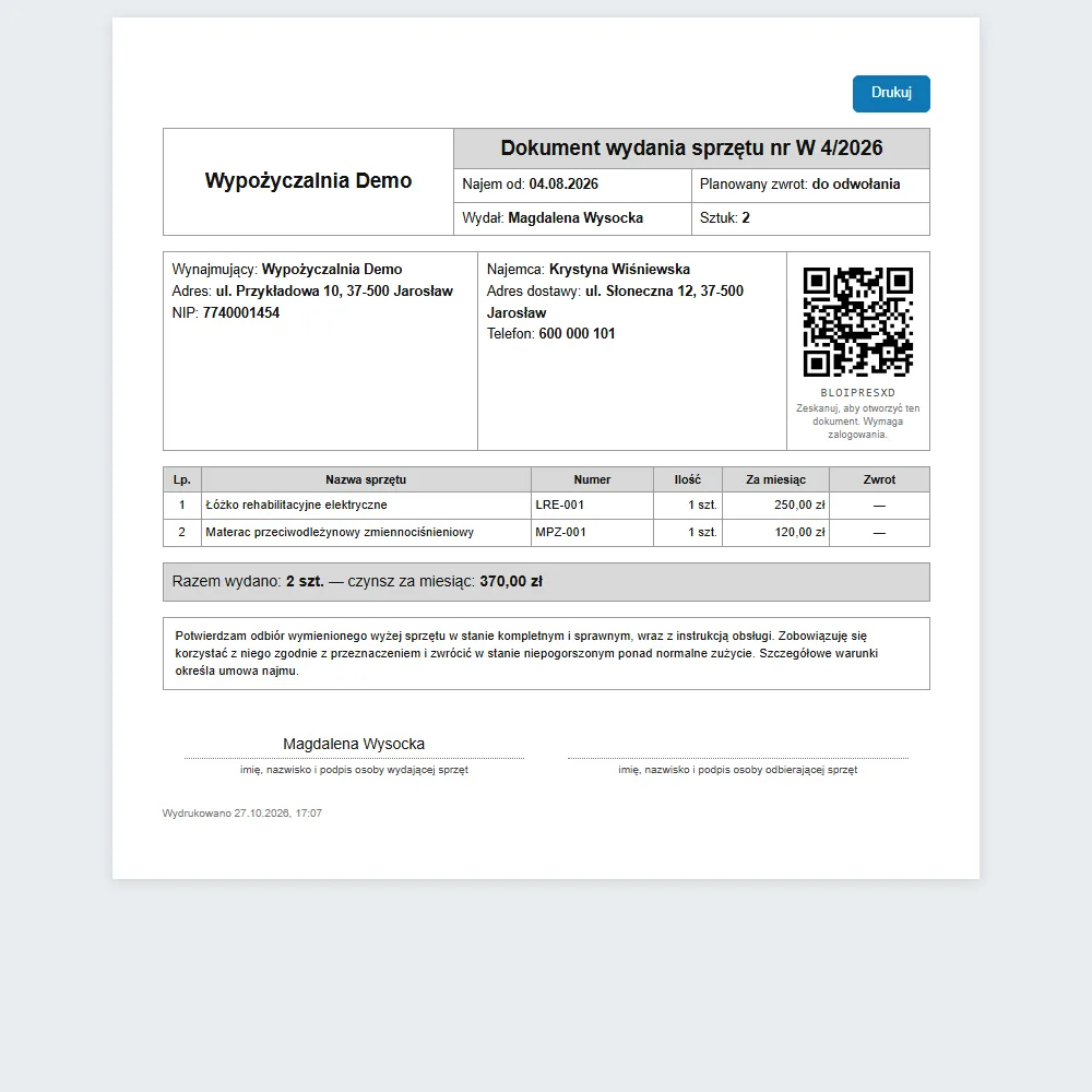 GoMedic — Dokument wydania z kodem QR